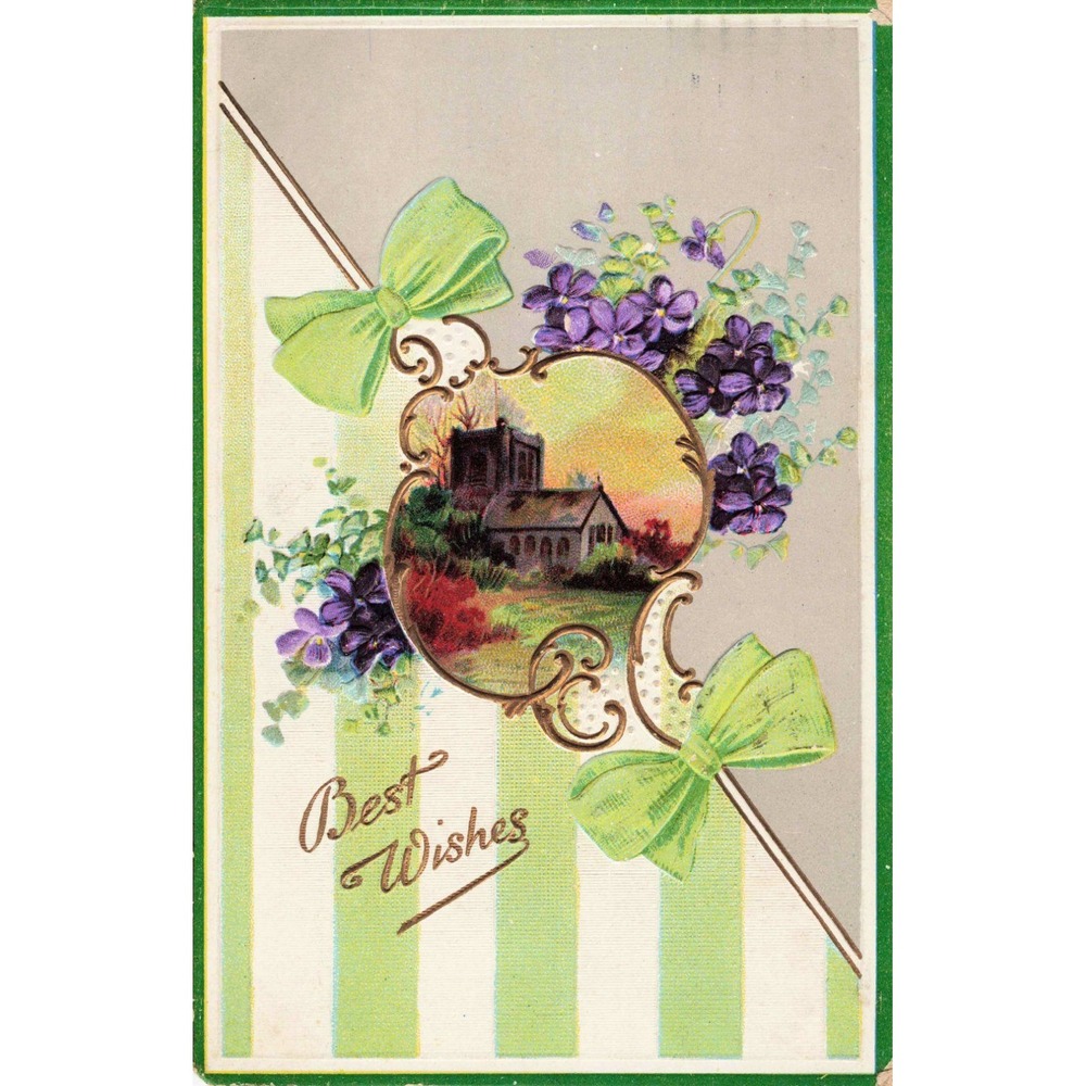 Vintage 1913 Best Wishes Postcard Church Violets Green Bows Embossed Germany VG - Picture 1 of 2